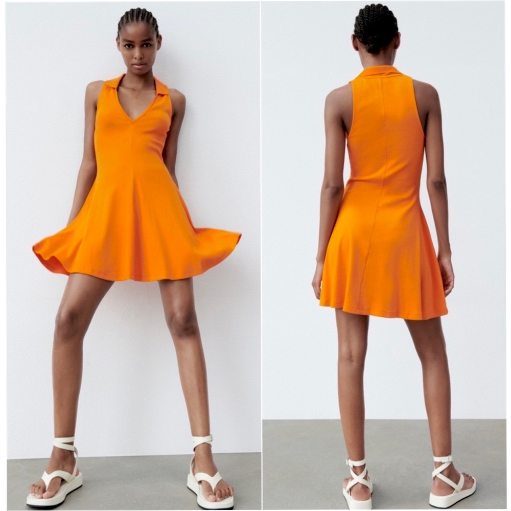🧡 ZARA Tennis Dress Orange Ribbed Knit V-Neck Collar Skater Mini Large New 🧡